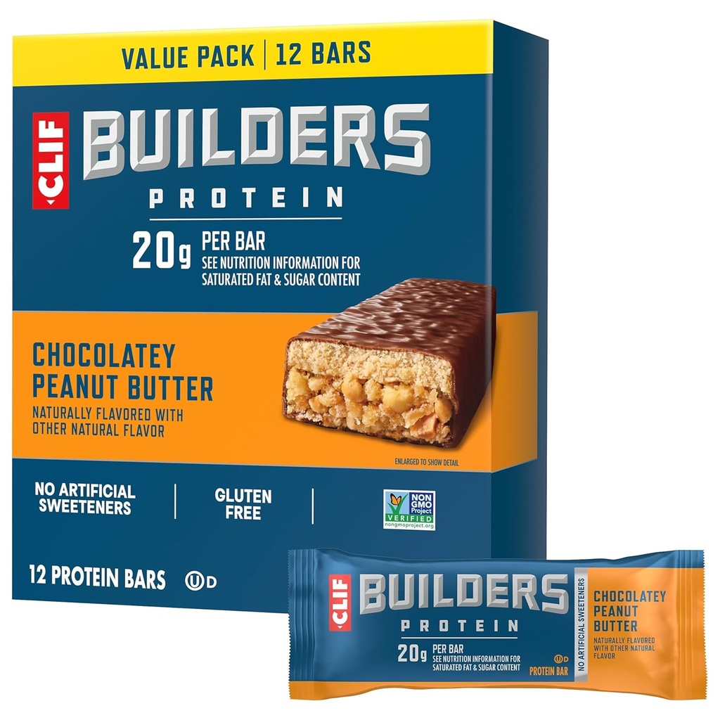 CLIF BUILDERS Protein Bars - Chocolate Peanut Butter Flavor - 20g Plant Based Protein - Gluten Free - Non-GMO - Low Glycemic - No Artificial Sweeteners - Value Pack, 2.4 oz. (12 Count)