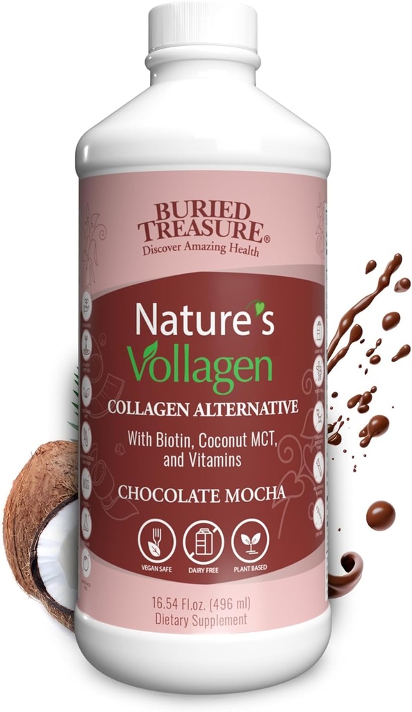 Buried Treasure Nature's Vollagen – 2000mg Vollagen Complex, Skin, Hair, and Joint Health, 100% Plant-Based, Gluten-Free, Soy-Free, Dairy-Free, Chocolate Mocha Flavor, 16oz Liquid