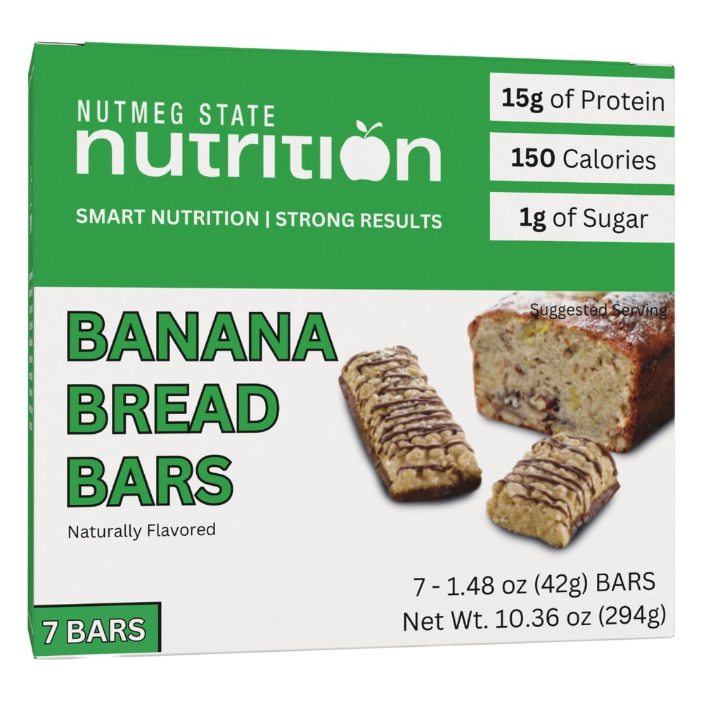 Nutmeg State Nutrition Protein Breakfast Bar, High Protein Snack Bar, 15g Protein, Low Calorie, Low Sugar, 140 Calories, 1g Sugar, 7 Servings (Banana Bread)