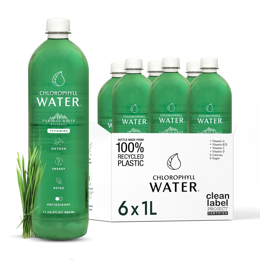 Chlorophyll Water (6-Pack, 1 Liter), Chlorophyll Liquid Drops with Vitamin Water for Hydration, Natural Detox & Immunity Support, Clean Label Project Certified, Refreshing Lemon & Spearmint Taste