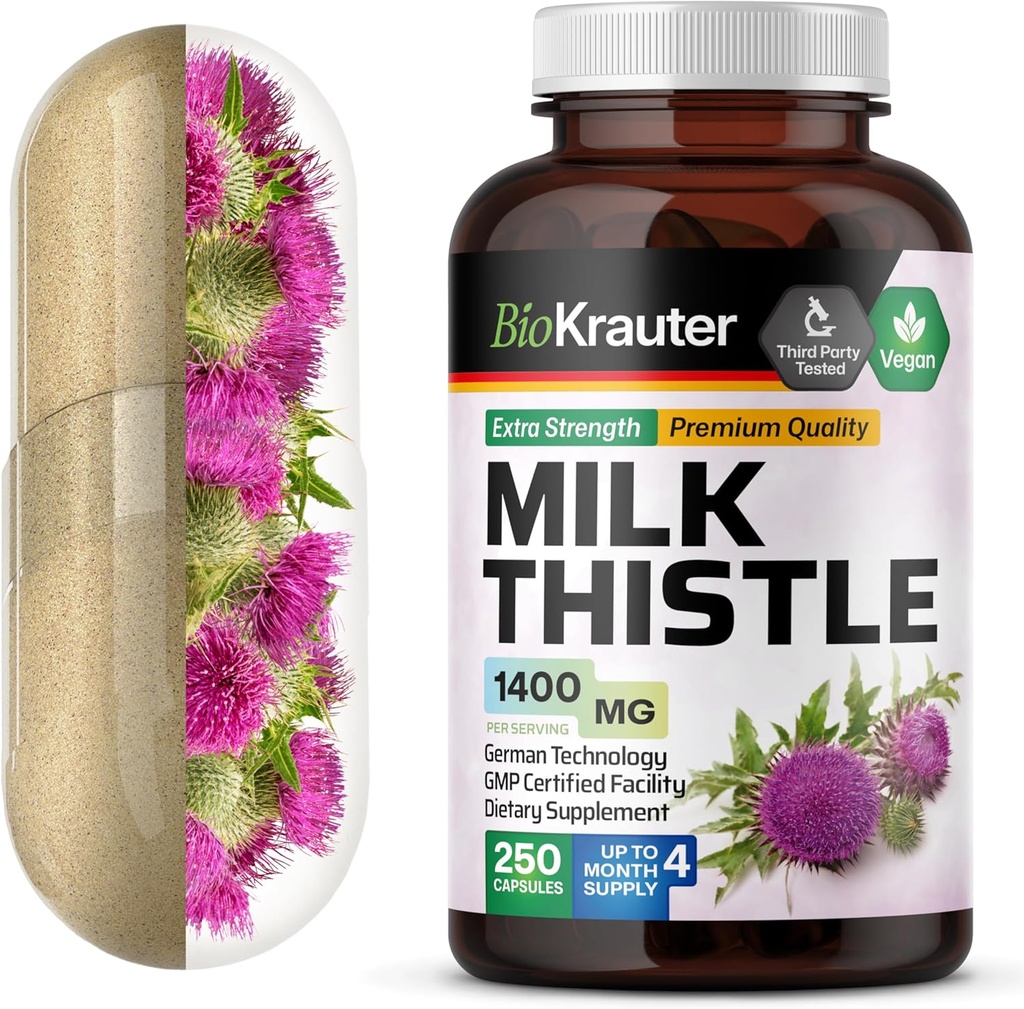 BIO KRAUTER Milk Thistle Capsules 1400 mg - 250 Count - Liver Detox & Cleanse Supplement - Vegan Silymarin Capsules - Milk Thistle Powder - Non GMO