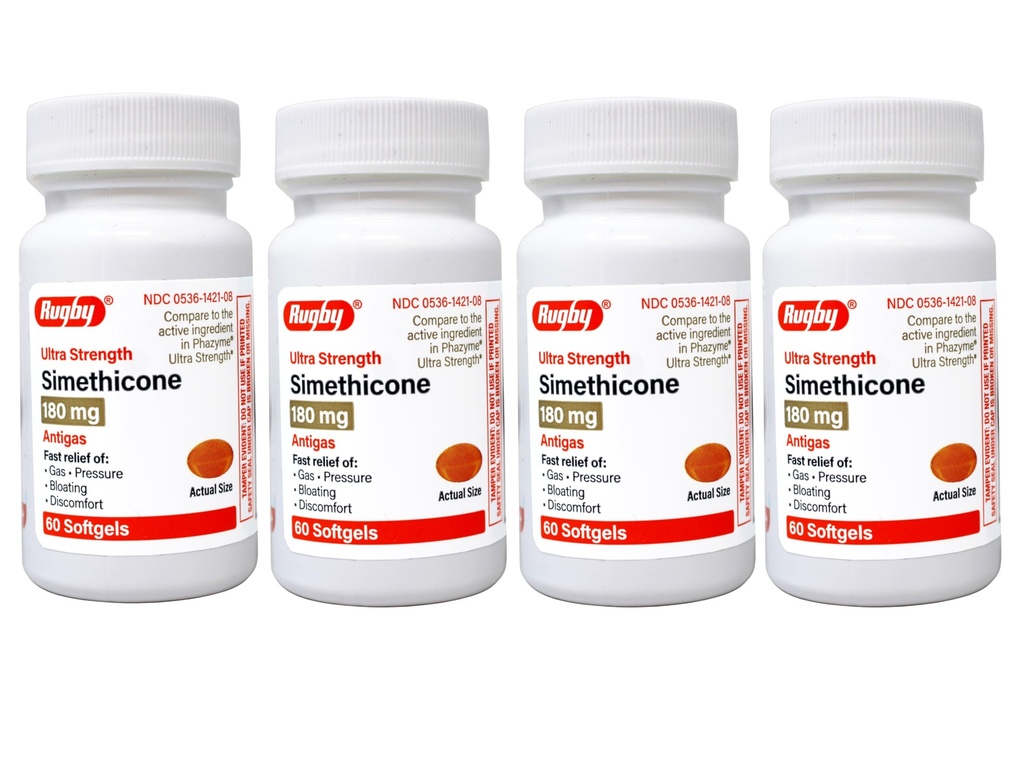Rugby Ultra Strength Simethicone Gas Relief 180 mg - Maximum Gas Relief for Adults - May Help with Symptoms of Flatulence, Bloating, Gas Fullness - 60 Softgels (4 Pack)