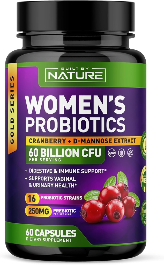 Probiotics for Women - 60 Billion CFUs, 16 Strains, with Cranberry, D-Mannose & Prebiotics - Supports Digestive, Immune, & Vaginal Health - Non-GMO, Dairy & Gluten-Free - 60 Veggie Capsules