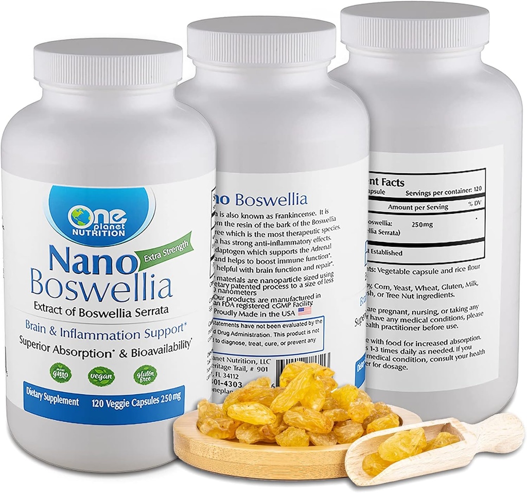 One Planet Nutrition Nano Boswellia 250 mg Veggie Capsules (120 Servings), Boswellia serrata Resin, Supports Cognitive Function for Brain Health, Non-GMO, Vegan, Gluten-Free