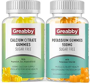 Potassium Gummies & Calcium Citrate Gummies, Sugar-Free, Potassium Chloride 500 mg, Calcium Citrate 1200 mg, Bone & Muscle Health