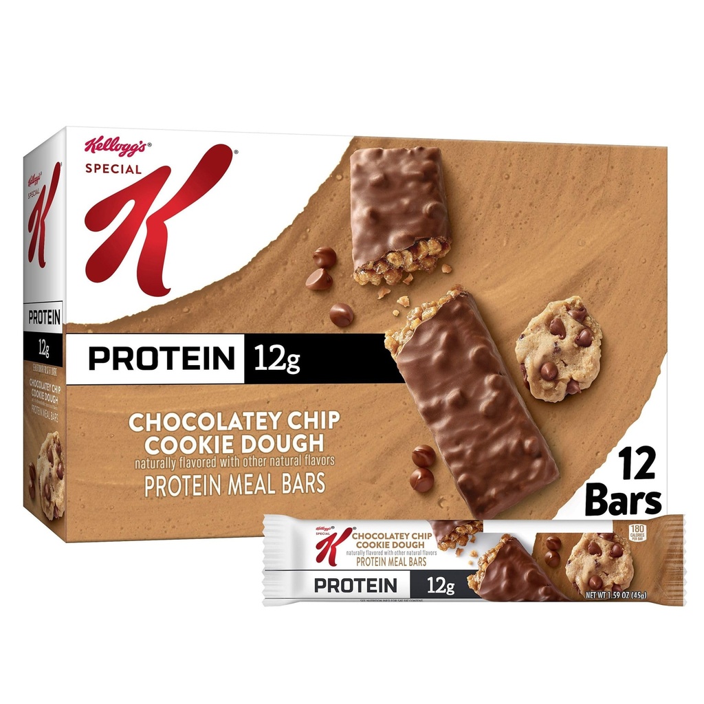 Special K Bar Protein Meal Bars, 12g Protein Snacks, Meal Replacement, Chocolatey Chip Cookie Dough, 19oz Box (12 Count)