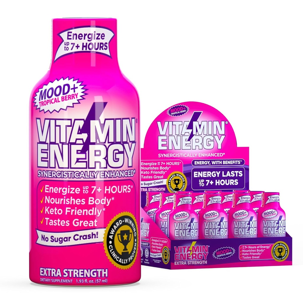 Vitamin Energy Mood+ Extra Strength Energy Shot Tropical Berry 12 Pack, 260mg Natural Caffeine, B-Vitamins, Rhodiola, Chamomile, Mood & Energy Support, Zero Sugar, Gluten-Free, Vegan, 1.93 fl oz
