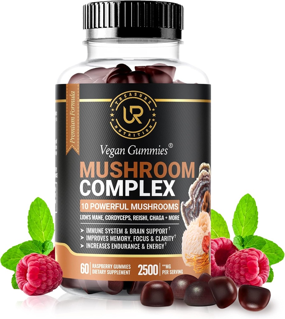 Mushroom Gummies | 10 Mushroom Supplement - 2500mg - Turkey Tail, Chaga, Reishi, Cordyceps & Lions Mane Organic Mushroom Extracts, Nootropic Brain Booster For Focus, Memory, Clarity, Energy | 60ct