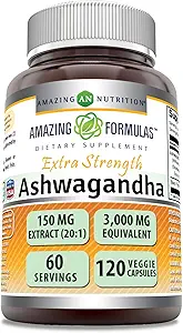 Amazing Formulas Ashwagandha Extract Supplement | 150 Mg Extract (20:1) | Equivalent to 3,000 Mg | Veggie Capsules | Non-GMO | Gluten-Free | Made in USA (1 Pack | 120 Count)
