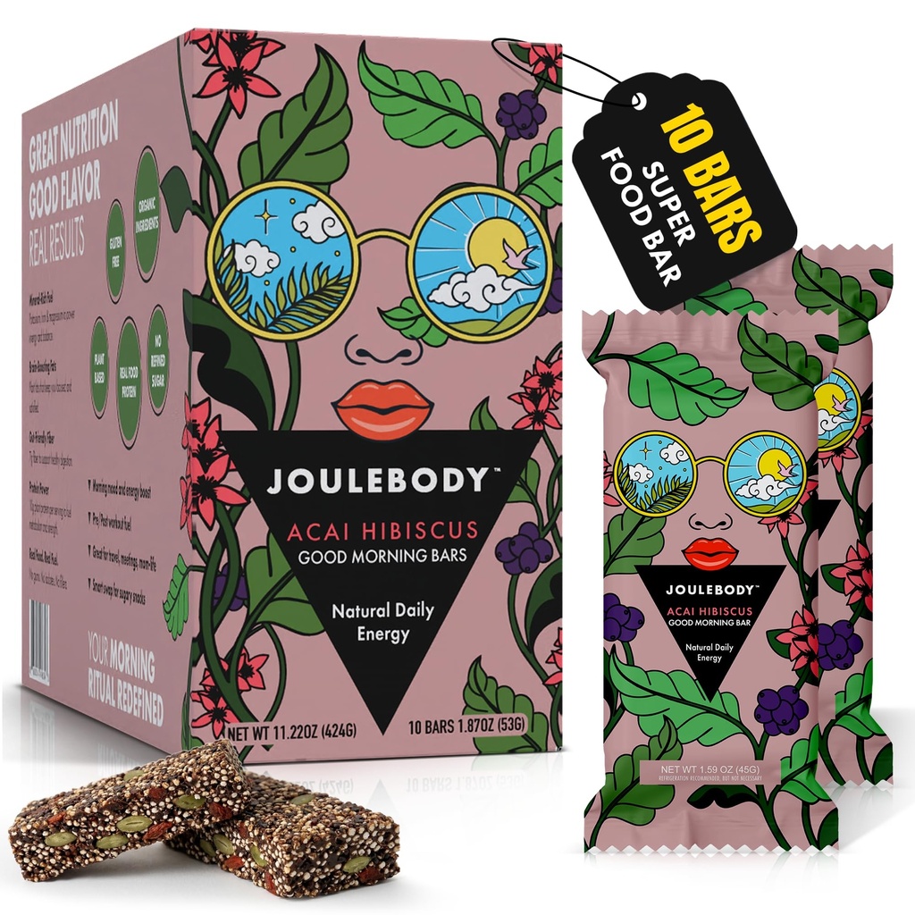 JOULEBODY Organic Super Food Bars - Acai Hibiscus Meal Replacement Bars Protein - Good Morning Sports Nutrition Bars for Real Nourishment, Plant Based 10g Protein, 7g Fiber, No Refined Sugar, 10 Count