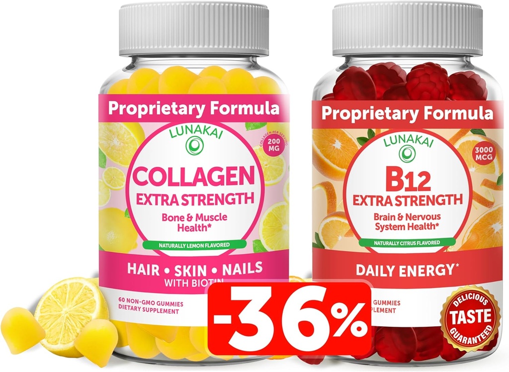 Lunakai Collagen & Biotin Gummies Bundle - Vitamins for Hair, Skin and Youthful Appearance - Non-GMO Anti Aging Protein Supplements for Men & Women - 30 Days Supply