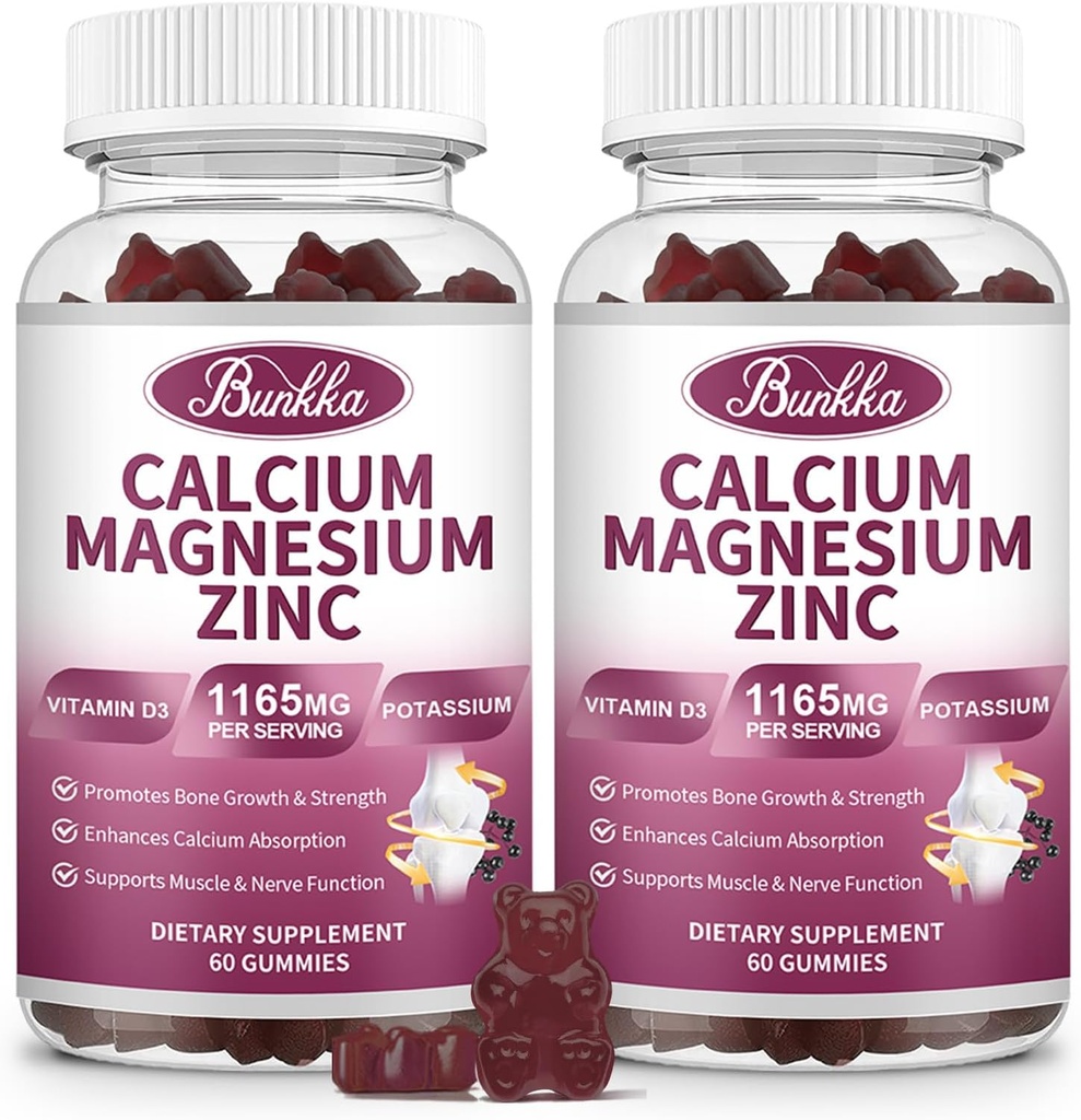Calcium Magnesium Zinc Gummies with Magnesium Glycinate 200mg, Potassium, D3, Sea Moss, Calm Mood & Sleep Support- Kids & Adults 2 Pack