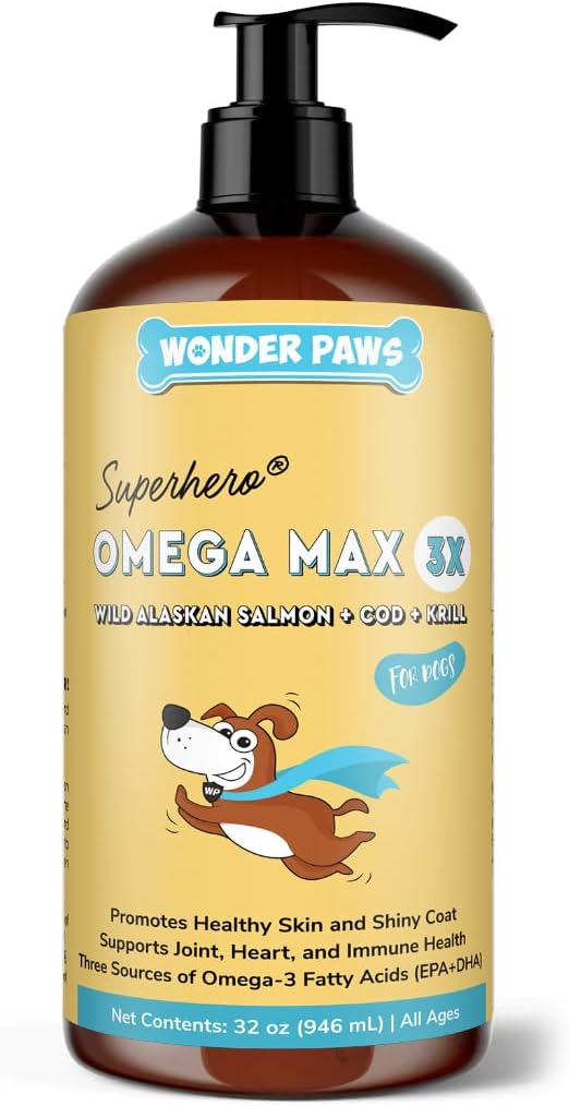 Wonder Paws Fish Oil for Dogs - Omega 3 for Dogs from Alaskan Salmon, Cod & Krill Oil - EPA DHA Fatty Acids - Less Shedding & Itching - Skin, Joint, Immune & Heart Health - Liquid Supplement (32 oz)
