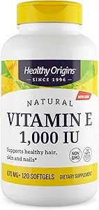 Healthy Origins Vitamin E, 1,000 IU (Natural) Mixed Tocopherols - Vitamin E Supplement - Gluten-Free & Non-GMO Skin, Hair & Nails Vitamin - 120 Softgels