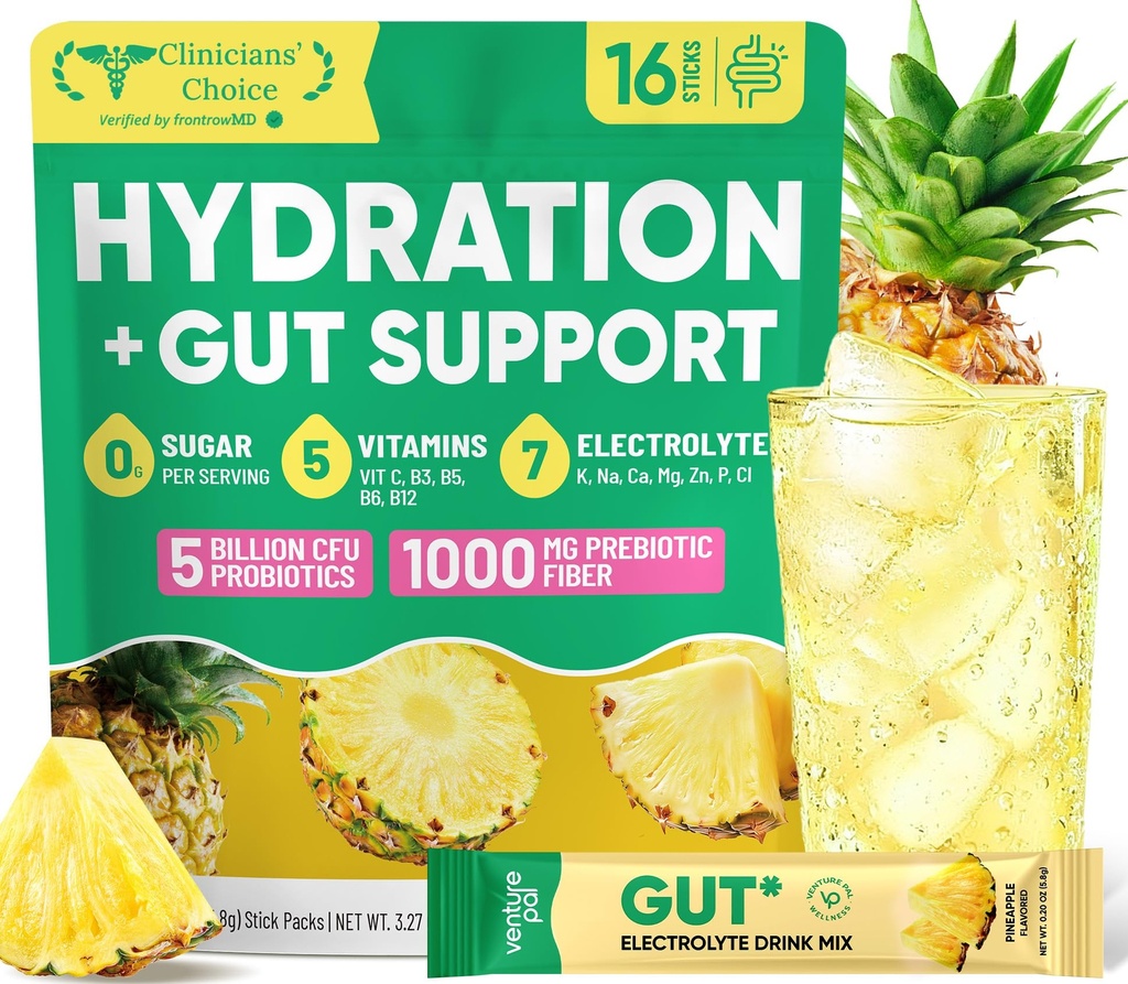 Venture Pal 2-in-1 Hydration Packets + Gut Health Electrolytes Powder - 7 Electrolytes & 5 Vitamins, Probiotics - Sugar Free Liquid Daily IV Drink Mix for Dehydration Relief | Non-GMO | 16 Sticks