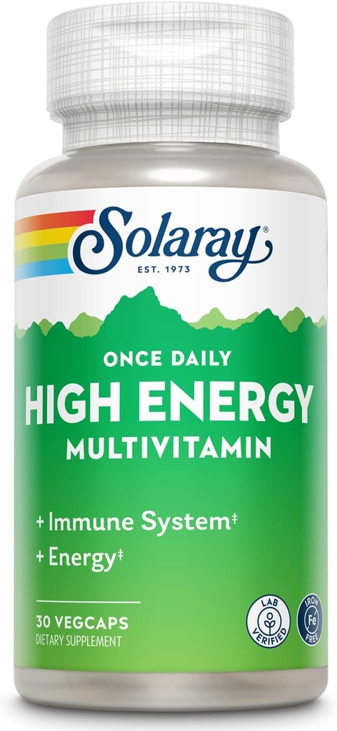 SOLARAY Once Daily High Energy Multivitamin, Iron Free, Immune System and Energy Support, Whole Food and Herb Base Ingredients, Mens and Womens Multi Vitamin (30 Servings, 30 VegCaps)
