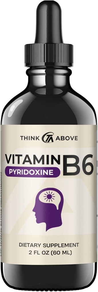 Vitamin B6 Liquid Drops - Pyridoxine hcl - Fast Absorbing - Support Brain Function, Immune System, Nervous System and Mood - 17 mg 1000% DV - Filler Free - 30 Day Supply - (2 oz) For Adults