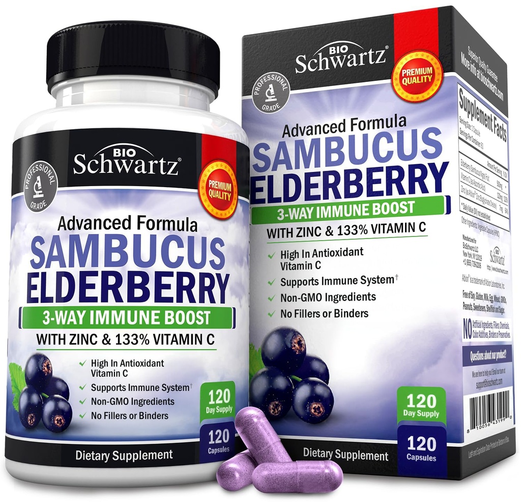 BioSchwartz Elderberry Capsules with Zinc and Vitamin C for Adults - Immune Support Vitamins for Women and Men - Black Sambucus Elderberry Vitamin C and Zinc - Multiminerals Supplement, 120 Count