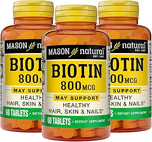MASON NATURAL Biotin 800 mcg, Hair, Skin & Nail Health Support, High Potency Vitamin B7 Supplement, 60 Tablets (Pack of 3)