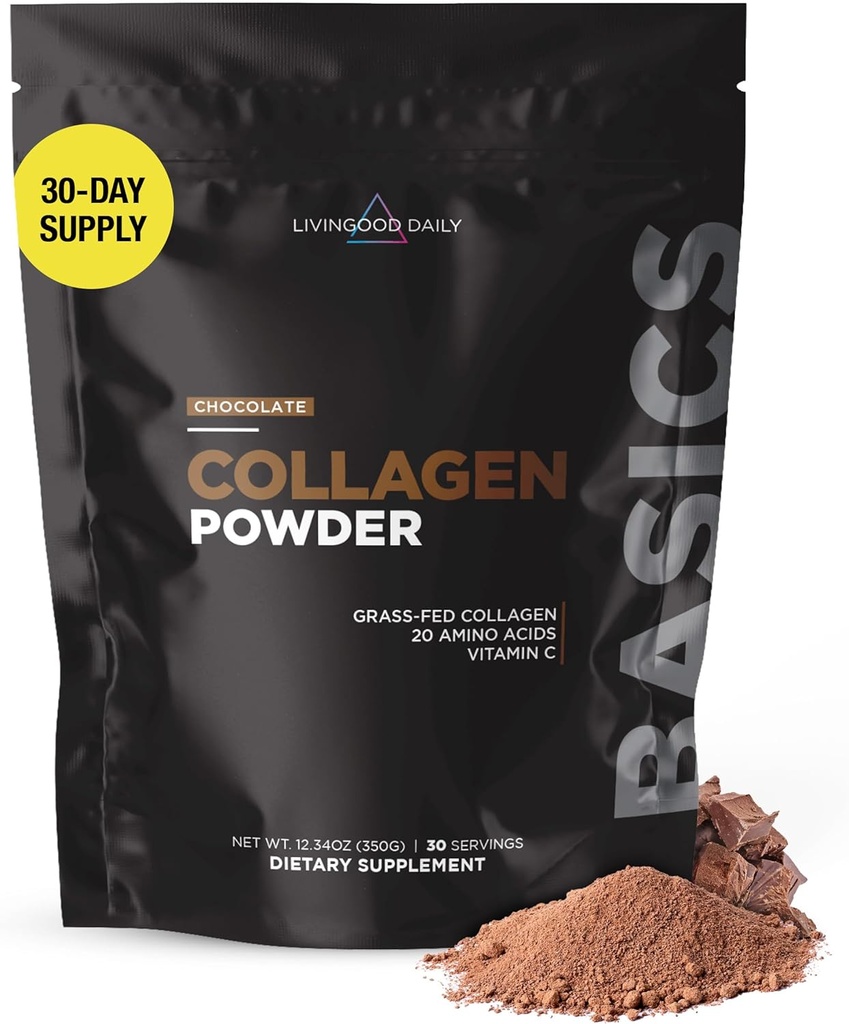 Livingood Daily Chocolate Collagen Powder for Women & Men, Hydrolyzed Collagen Peptides Powder with Vitamin C, Protein with 20 Amino Acids, Type I & III, Grass Fed, Keto, Paleo, Gluten Free, 30 Srvgs
