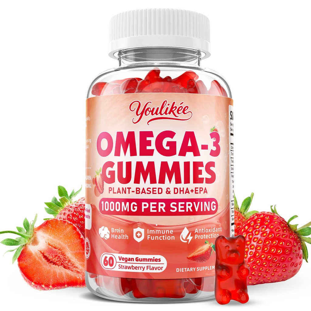 Vegan Omega-3 Gummies 1000mg, Omega 3 Fish Oil Alternative for Adults, Plant Based DHA 460mg & EPA 230mg w/Vitamin A, C, E - Supports Immune Function, Sugar Free, Strawberry Flavor, 60 Count