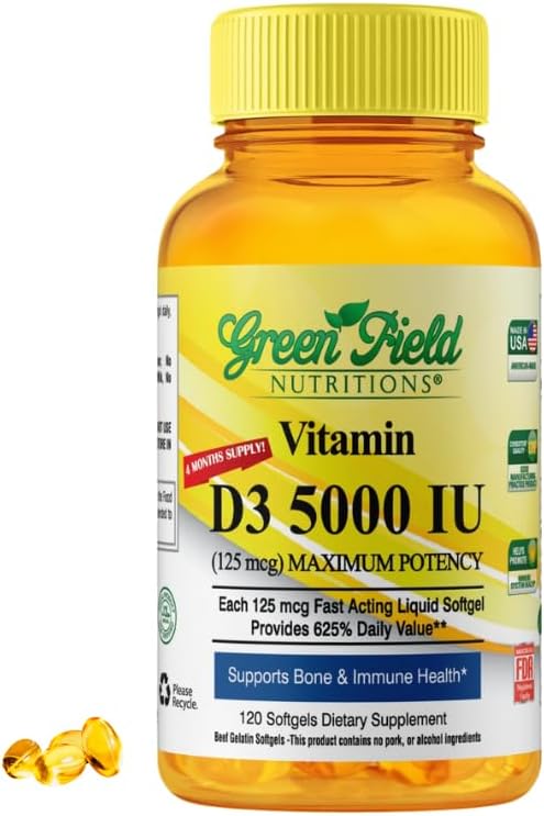 Greenfield Nutritions Halal Vitamin D - Halal Vitamin D3 5000 IU Softgel (125 mcg), High Potency 120 Unflavored Softgels - Beef Gelatin D3 Halal Vitamins, Supports Immune Bone Teath Brain and Hair