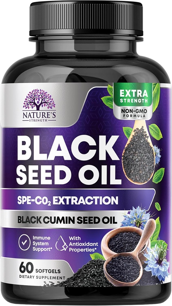 Black Seed Oil Capsules 1000mg with Thymoquinone - Pure Nigella Sativa for Skin Health & Immune Support, 100% Blackseed Oil, Amazing Extraction Above Cold Pressed Black Cumin Seed - 60 Softgels