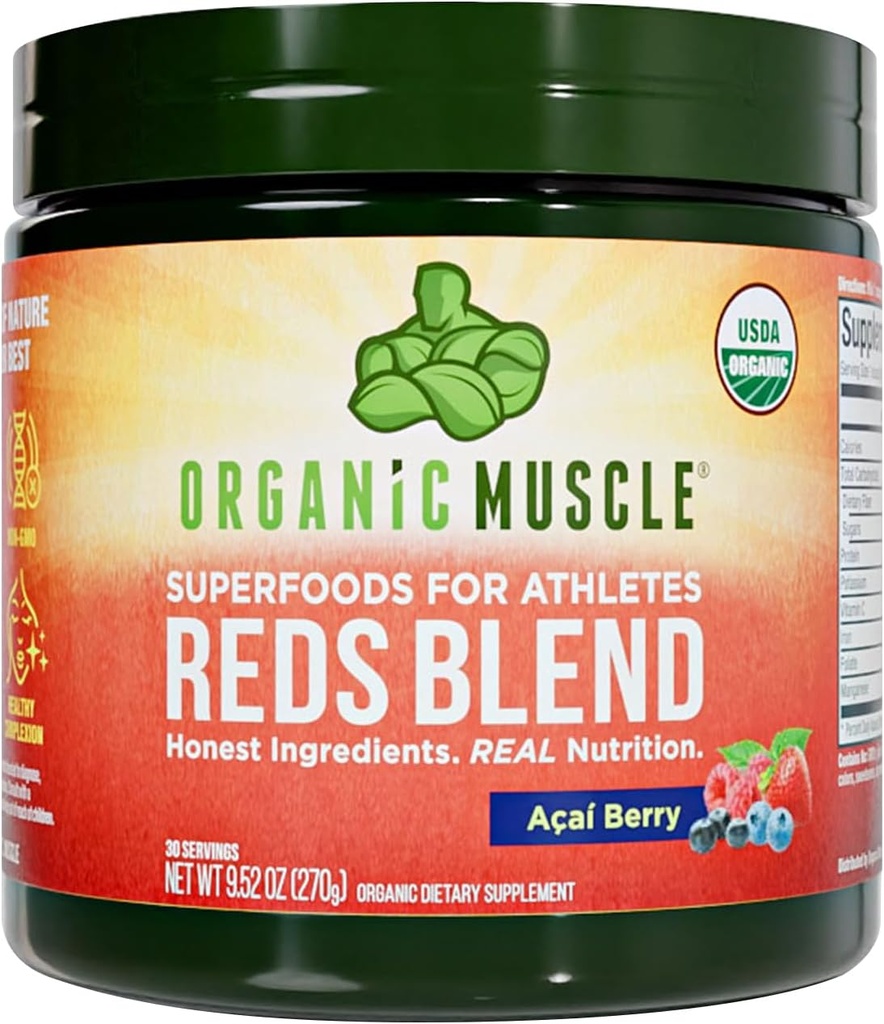 Organic Muscle Reds Powder | Caffeine-Free Energy & Heart Support | Pre-Workout with Beet Root, Acai, Pomegranate & Antioxidants | Non-GMO, Vegan, 30 Servings