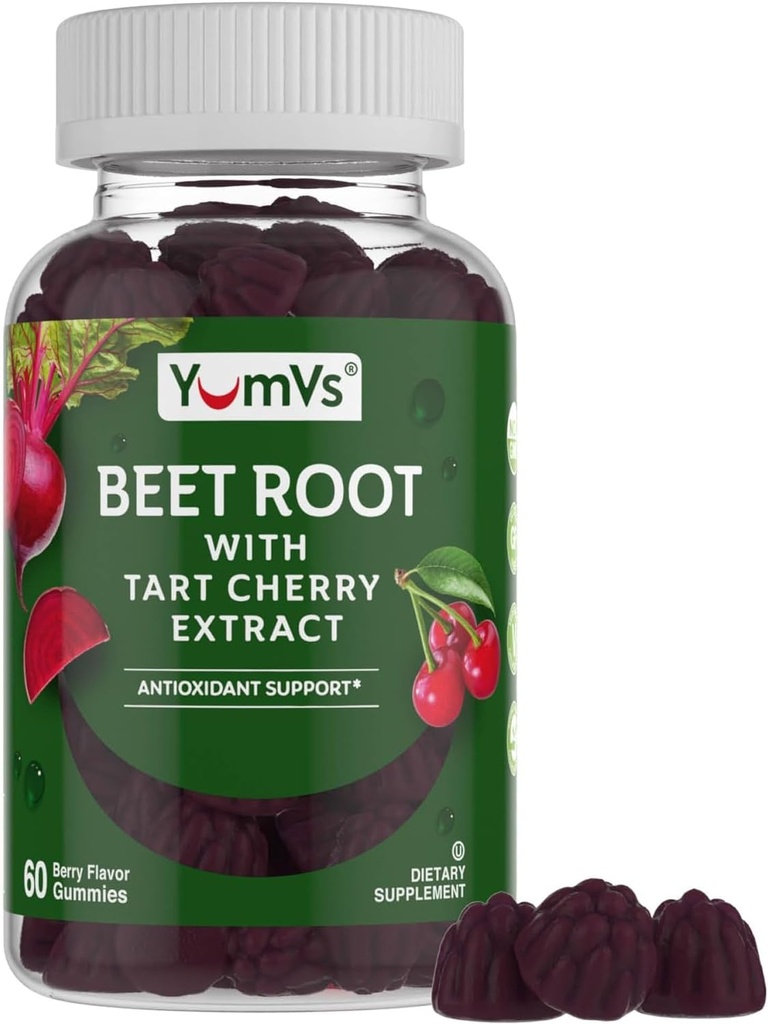 YUM-V'S Beet Root Gummies with Tart Cherry Extract - Berry Flavor Beetroot Gummies - Beet Chews for Blood Circulation and Antioxidant Support - Red Beets Gummies (Berry 60 Count (Pack of 1)
