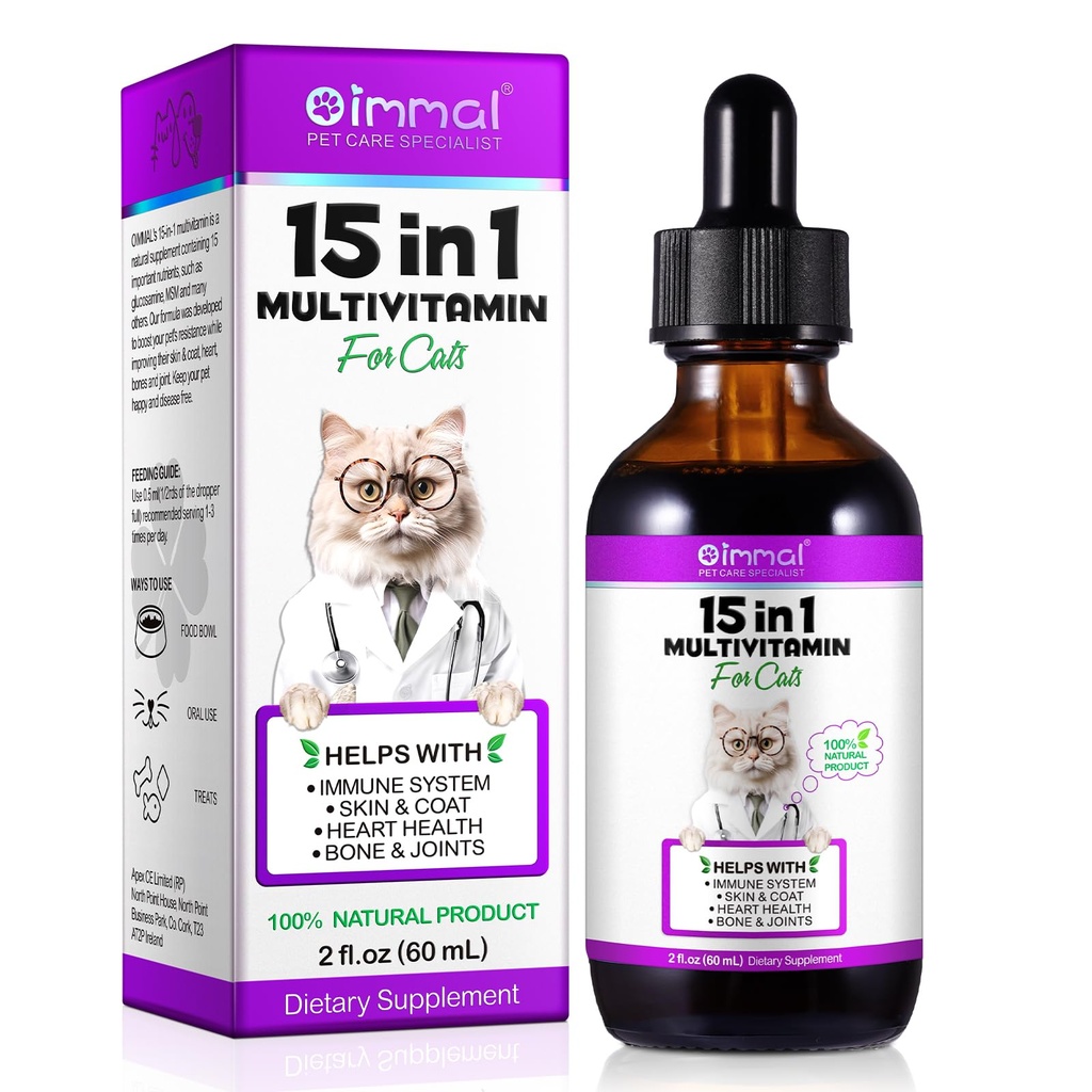 Cat Multivitamin, 15 in 1 Cat Multivitamin Liquid Drops, Cats Vitamins and Supplements with Glucosamine and Probiotics, Bones, Joint, Skin & Coat, Bladder, Immune System Support, 60ML