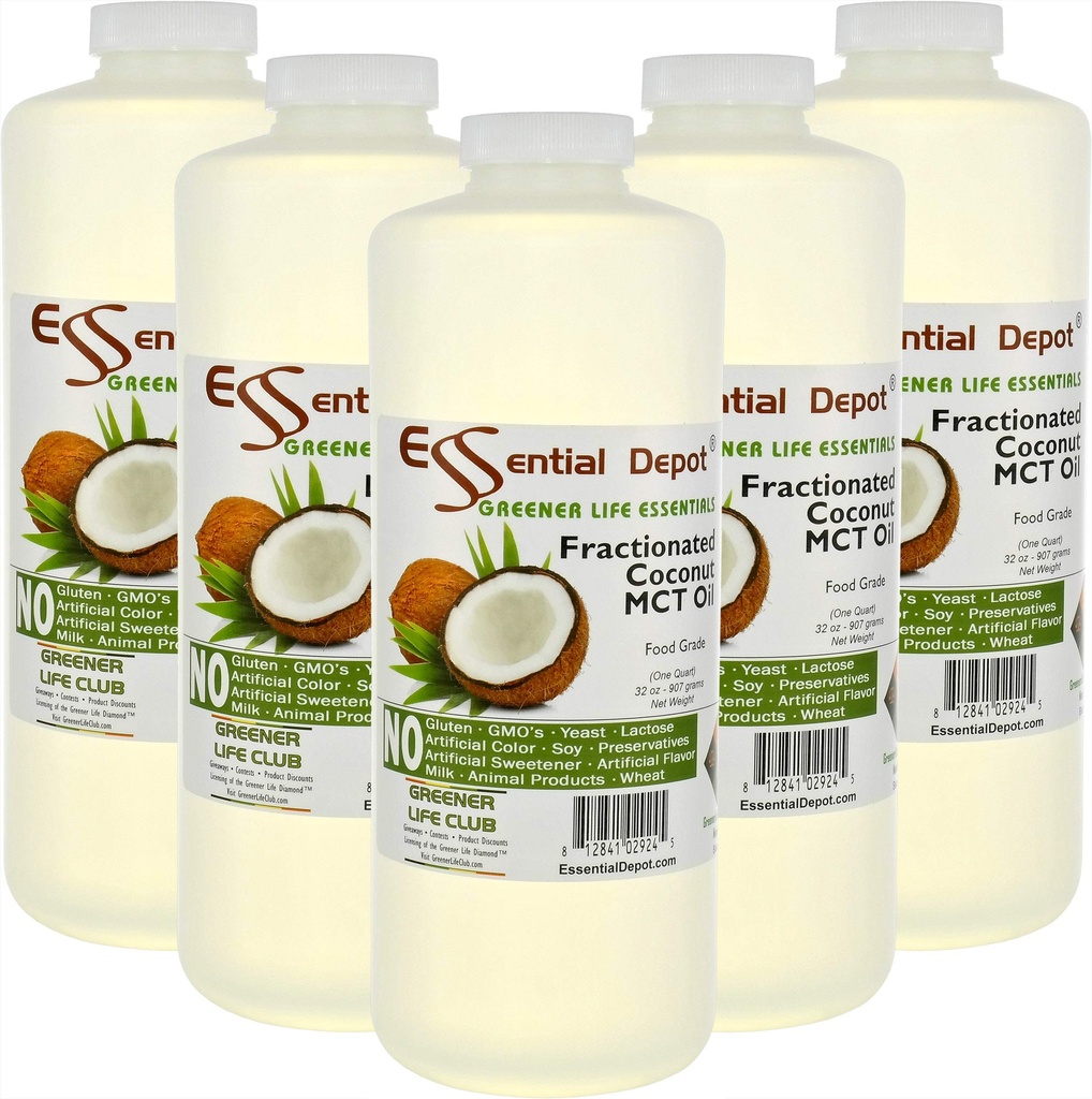 Coconut Oil - Fractionated - MCT (medium-chain triglycerides) - 5 x 1-Quart (32 oz) - liquid - Food Grade - Safety Sealed Resealable HDPE Container, Microwave Safe (remove foil seal), Freezer Safe