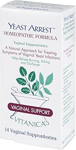 Vitanica Yeast Arrest, Homeopathic Vaginal Suppositories, for Yeast Infection Symptoms, Relieves Burning, Itching & Discharge, with Boric Acid, Tea Tree Oil & Probiotics, Vegan (Pro Logo, 14ct)
