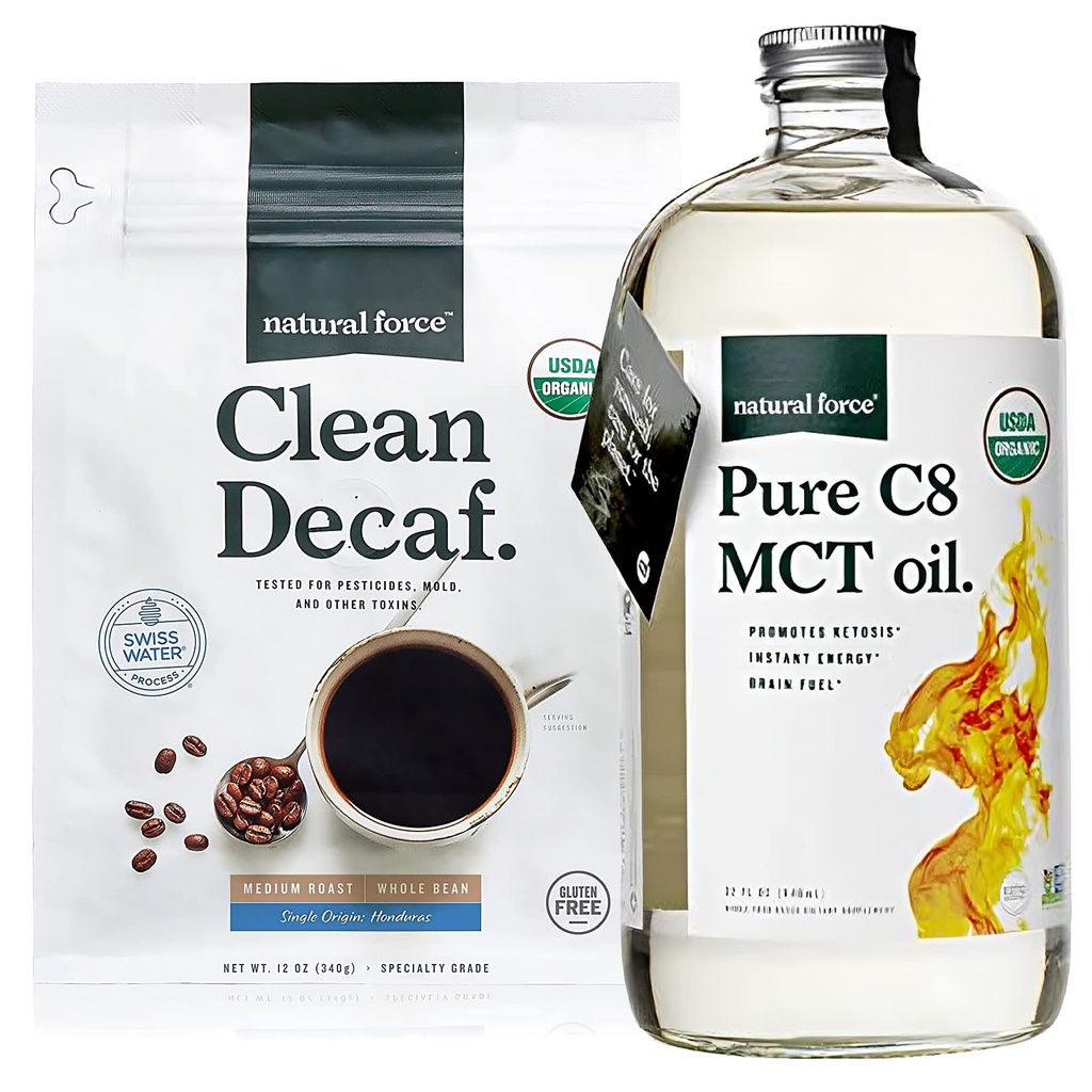 Natural Force Clean Decaf Coffee + Organic Pure C8 MCT Oil Bundle – 100% C8 MCTs & Mold & Mycotoxin Free Coffee – Non-GMO, Keto, Paleo, and Vegan - 12 Oz and 32 Oz