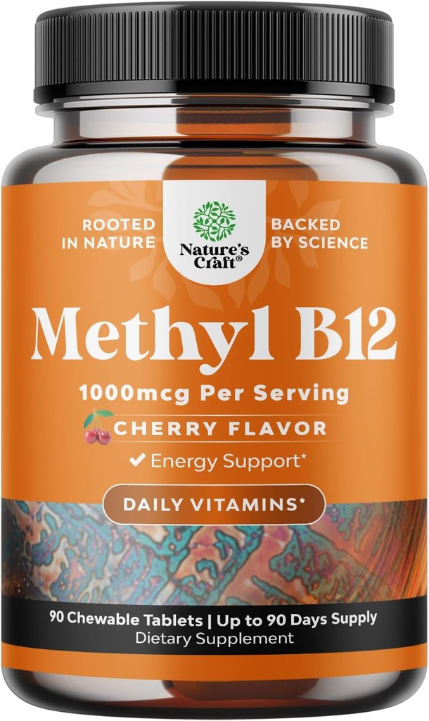Chewable Vitamin B12 1000 mcg - Methylated B12 Vegan Vitamin for Brain Support Natural Energy - Bone Health Eye Care and Mood Boost with Hair Skin and Nails Halal Vitamins