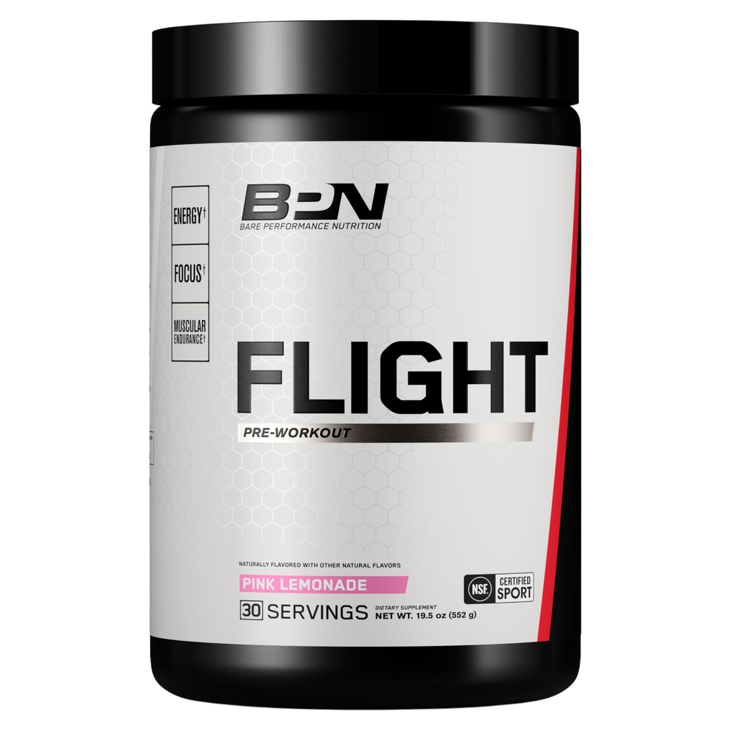 BARE PERFORMANCE NUTRITION BPN Flight Pre Workout, Supports Energy and Mental Focus, Improved Endurance & Muscle Pumps with CarnoSyn® Beta Alanine, Pink Lemonade, 30 Servings
