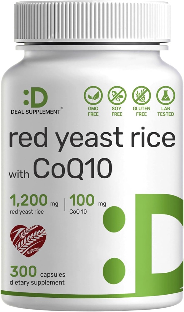 Deal Supplement Red Yeast Rice 1,200mg Per Serving with CoQ10, 300 Capsules – Antioxidant Support – Pure Monascus Purpureus Powder Source – Citrinin Free, Non-GMO