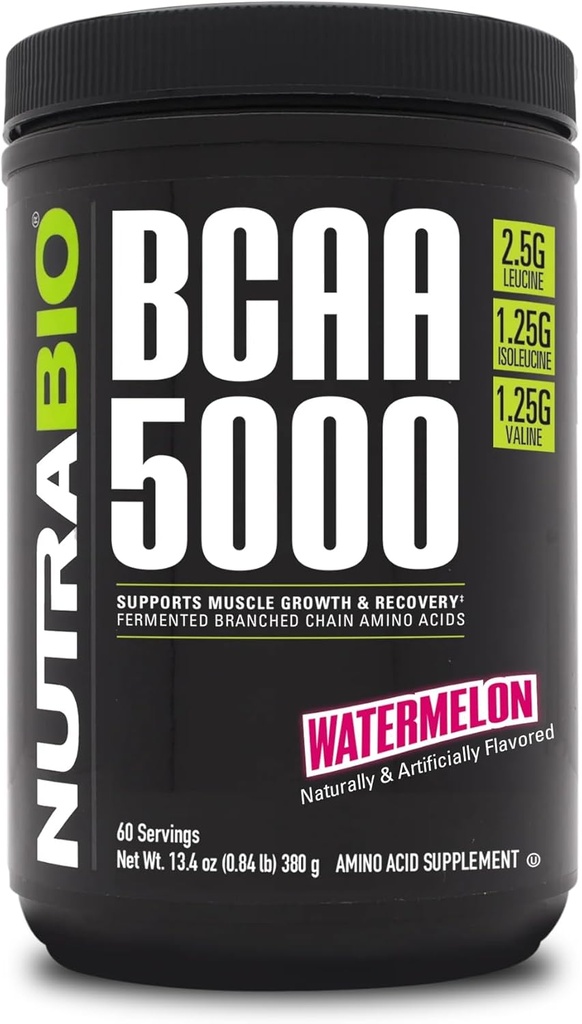 NutraBio BCAA 5000 Powder - Vegan Fermented BCAAs - Supports Lean Muscle Growth, Recovery, Endurance - 60 Servings - Watermelon