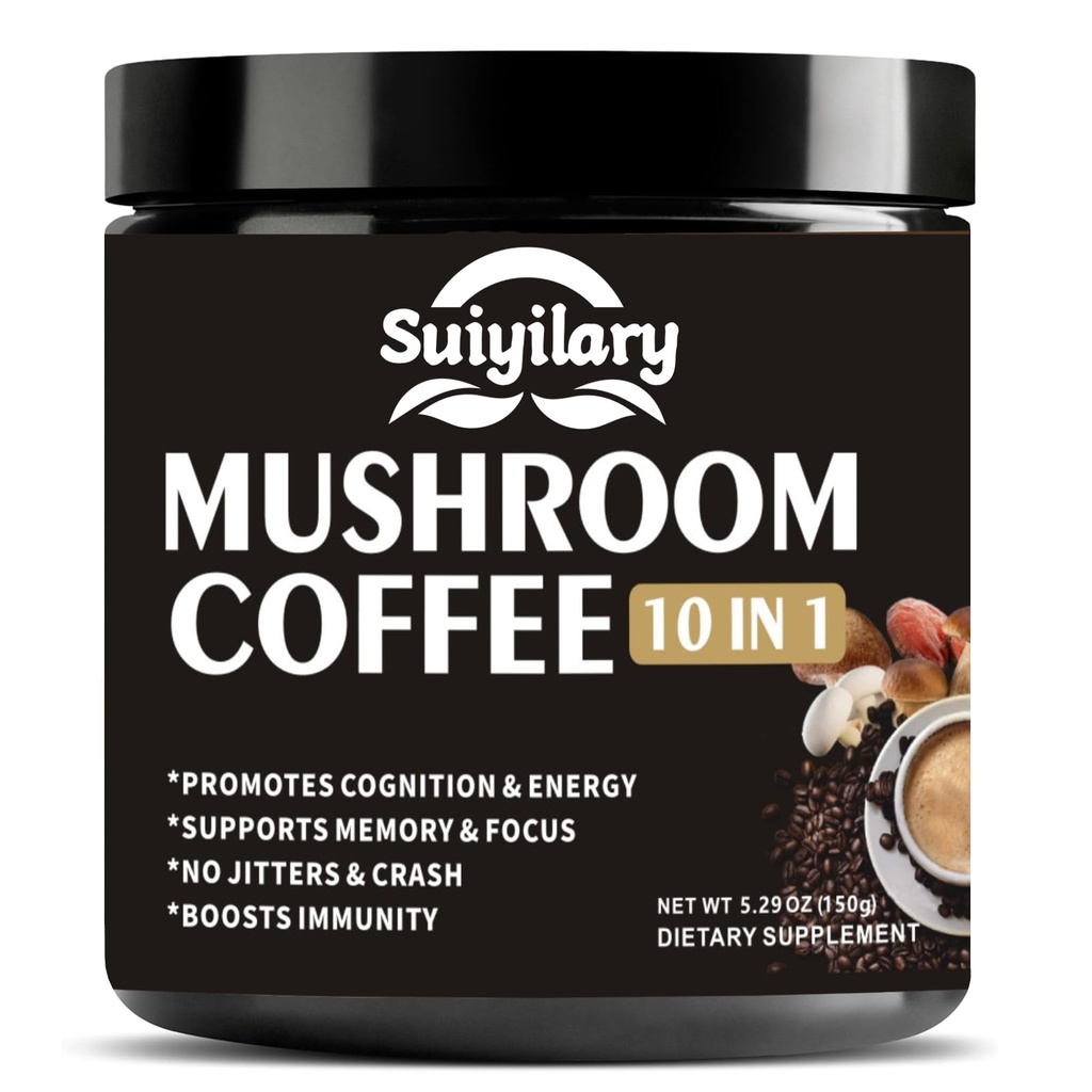 Suiyilary Mushroom Coffee, 10 Mushroom Extract Powder Blend Lion's Mane, Reishi, Chaga, Cordyceps, Turkey Tail, Brain Supplements with Instant Coffee for Energy, Focus, Memory and Immunity 150g