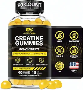 Effective Nutra Creatine Monohydrate Gummies - 1g Creatine per Gummy - Vegan Muscle & Strength Supplement for Men & Women - Supports Muscle Growth, Energy, Endurance - Lemon Flavor, Made in USA (90ct)