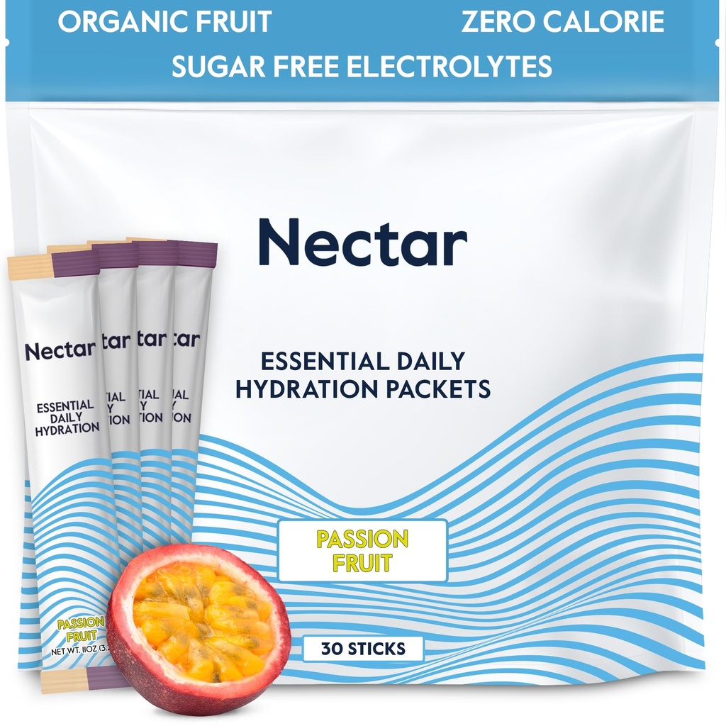 Nectar Hydration Packets - Electrolytes Powder Packets - Sugar Free & 0 Calorie - Organic Fruit Liquid Daily IV Hydrate for Dehydration Relief & Rapid Rehydration (Passion Fruit 30 Pack)