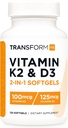 TransformHQ Vitamin K2 (MK7) (100mcg) + Vitamin D3 (5000 IU) 120 Softgels - Gluten Free and Non-GMO
