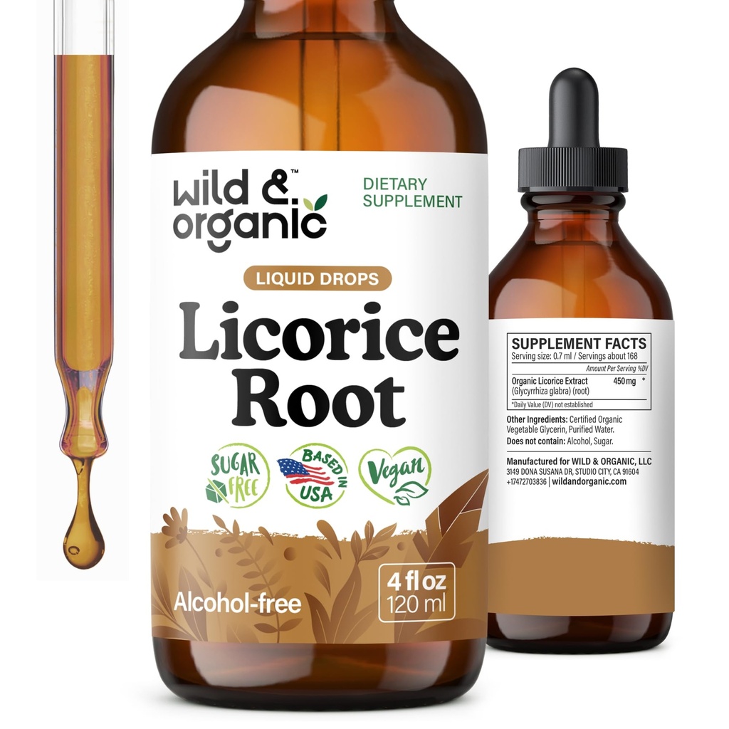 Wild & Organic Licorice Root Tincture - Digestive, Lung & Skin Support - Licorice Root Extract Liquid Drops - Vegan, Sugar & Alcohol-Free Supplement - 4 fl oz