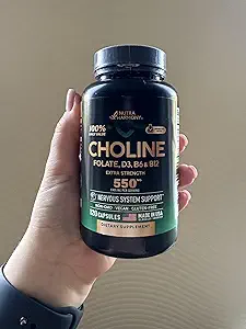 NUTRAHARMONY Choline Supplement - Choline Bitartrate 100% Daily Value - 5-in-1 Complex with Folate, Vitamins D3, B6 & B12 - Vegan, Non-GMO - 120 Capsules