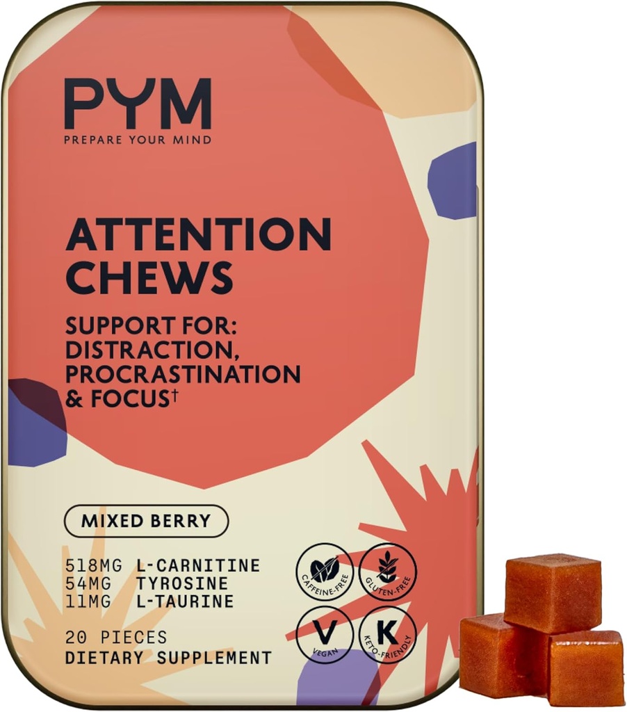 PYM Attention Chews Support for Procrastination, Focus & Productivity, 20 Count | 518mg L-Carnitine, 54mg Tyrosine, 11mg L-Taurine, Caffeine-Free | All-Natural Mood Boost Supplement Made in USA