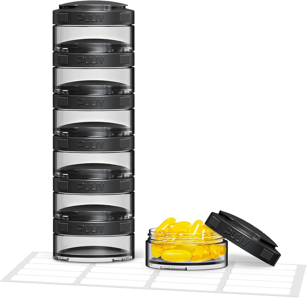 PULIV Stackable Weekly Pill Organizer for Flexible Use, Large Travel Pill Box Case 7 Day with Wide Openings for Easy Retrieval & Filling, BPA-Free, 20 Stickers, Holds Vitamins, Supplements, Fish Oils