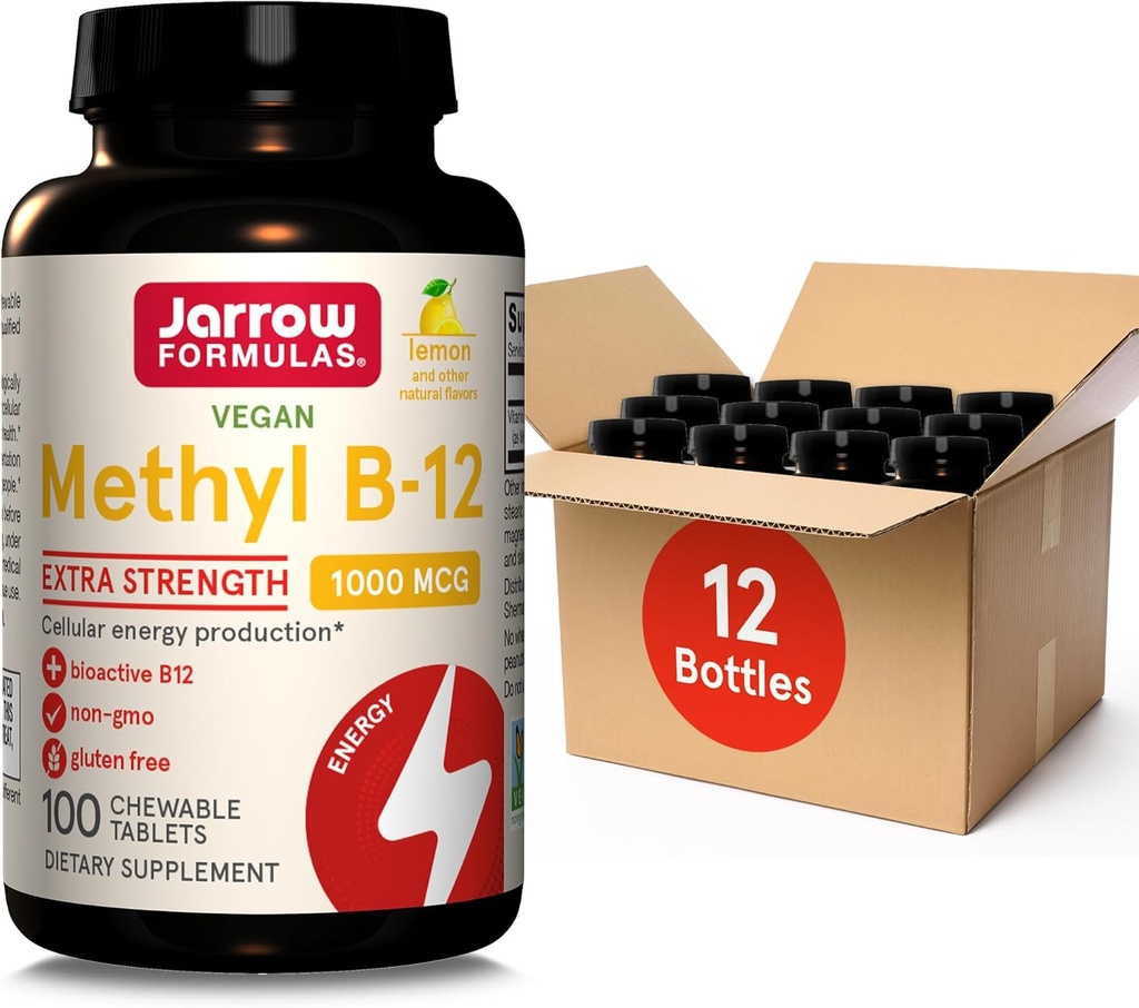 Jarrow Formulas Extra Strength Methyl B-12 1000mcg, Dietary Supplement for Cellular Energy Production and Brain Health Support, 100 Lemon-Flavored Chewable Tablets, 100 Day Supply, Pack of 12
