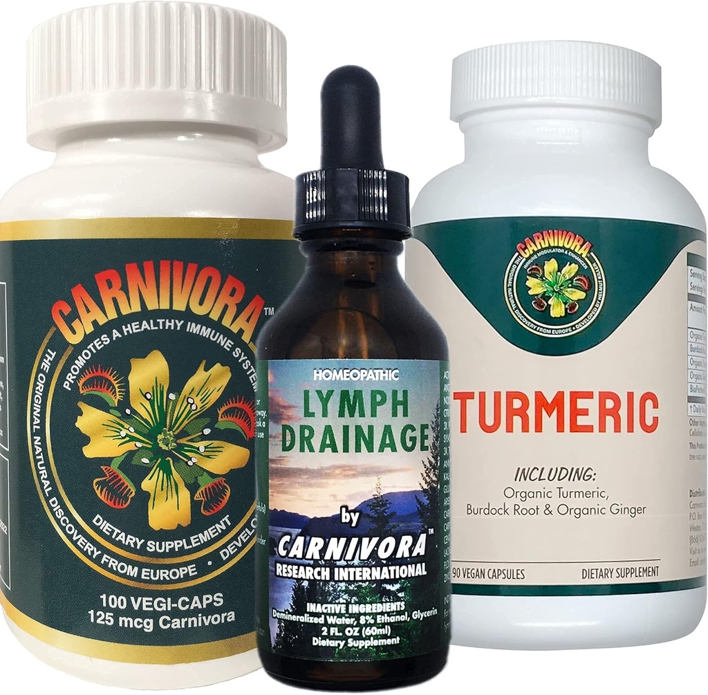 Carnivora Triple Play - Immune System Support, Lymph System Flush, and Enhancement for Joints and Digestion (Bundle with 1 Bottle Each of Carnivora Vegi-Caps, Lymph Drainage, and Turmeric)