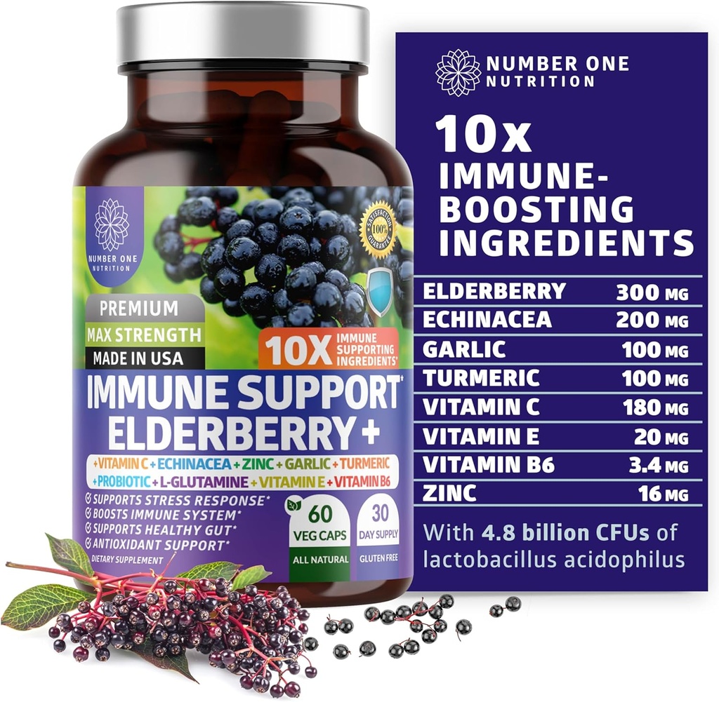 Premium 10 in 1 Immune Support Supplement [10 Potent Ingredients] with Elderberry, Vitamin C, Echinacea, Zinc and Probiotic for Immune Support, Gut Health and Better Digestion, 60 Veg Caps