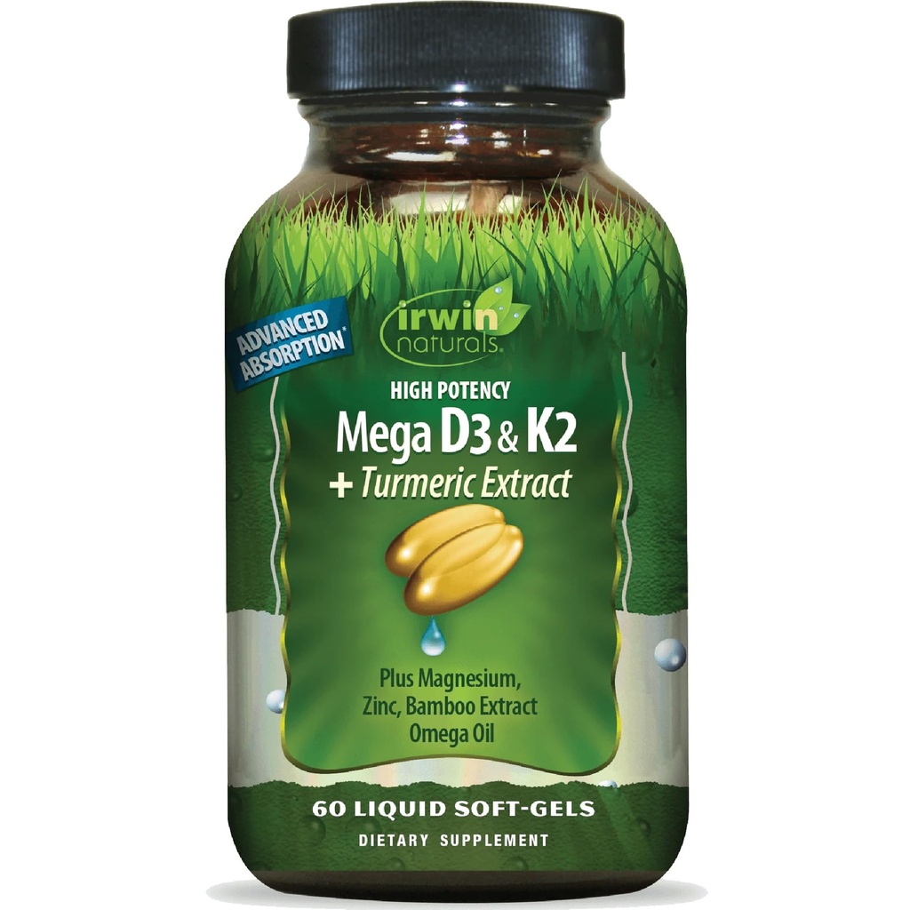 Irwin Naturals High Potency Mega D3 & K2 + Turmeric Extract — 60 Liquid Soft-Gels