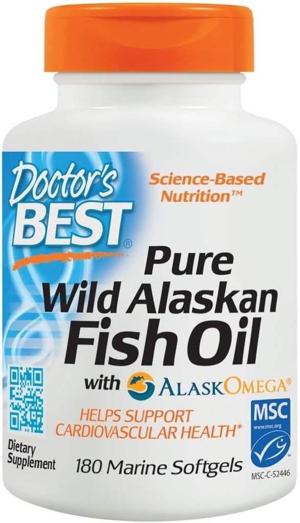 Doctor's Best Pure Wild Alaskan Fish Oil with AlaskOmega, Heart, Brain, Mental Wellbeing, Eyes, Non-GMO, Gluten Free, 180 Marine Softgels